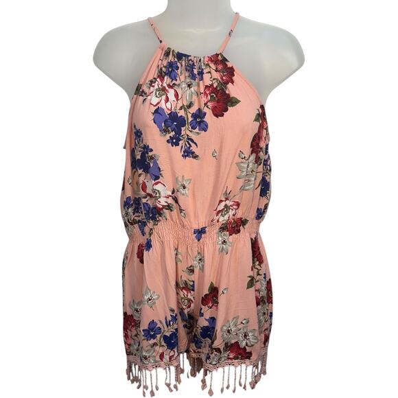 ANGIE Pink Floral Romper SZ M Crocheted Tassel Boho Cottagecore Feminine Dainty - Picture 1 of 7